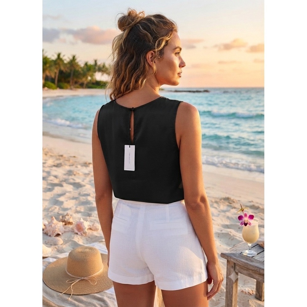 Banana Republic Black Sleeveless Satin Shell Blouse Keyhole Back NWT Size M
